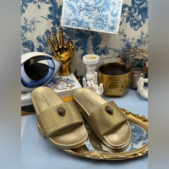 🆕 KURT GEIGER LONDON 🧿 NWOB Meena Eagle Gold Crystal Studded Slide, Sz US 8 - Picture 2 of 13